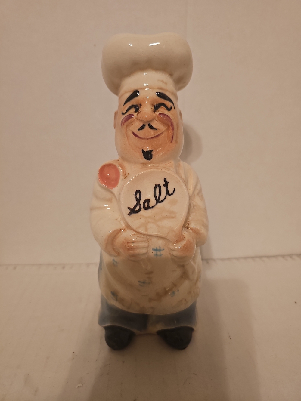 Ceramic Chef Salt Shaker - Cream Body with Blue Accents 7.5" Tall
